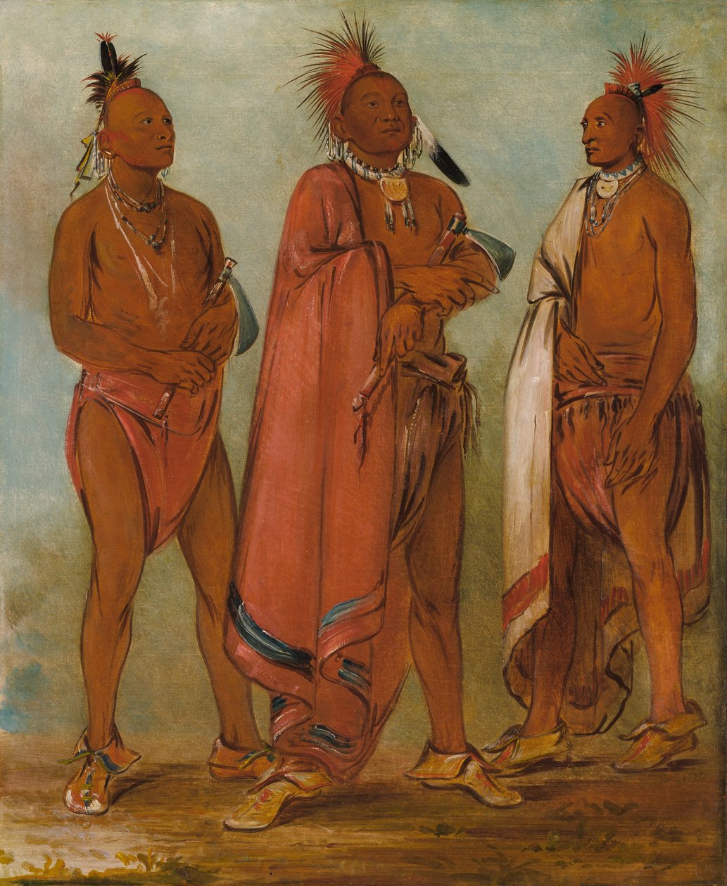 Wa-másh-ee-sheek, Han som tar bort; Wa-chésh-uk, Krig; Mink-chésk, Tre fornemme unge menn av George Catlin