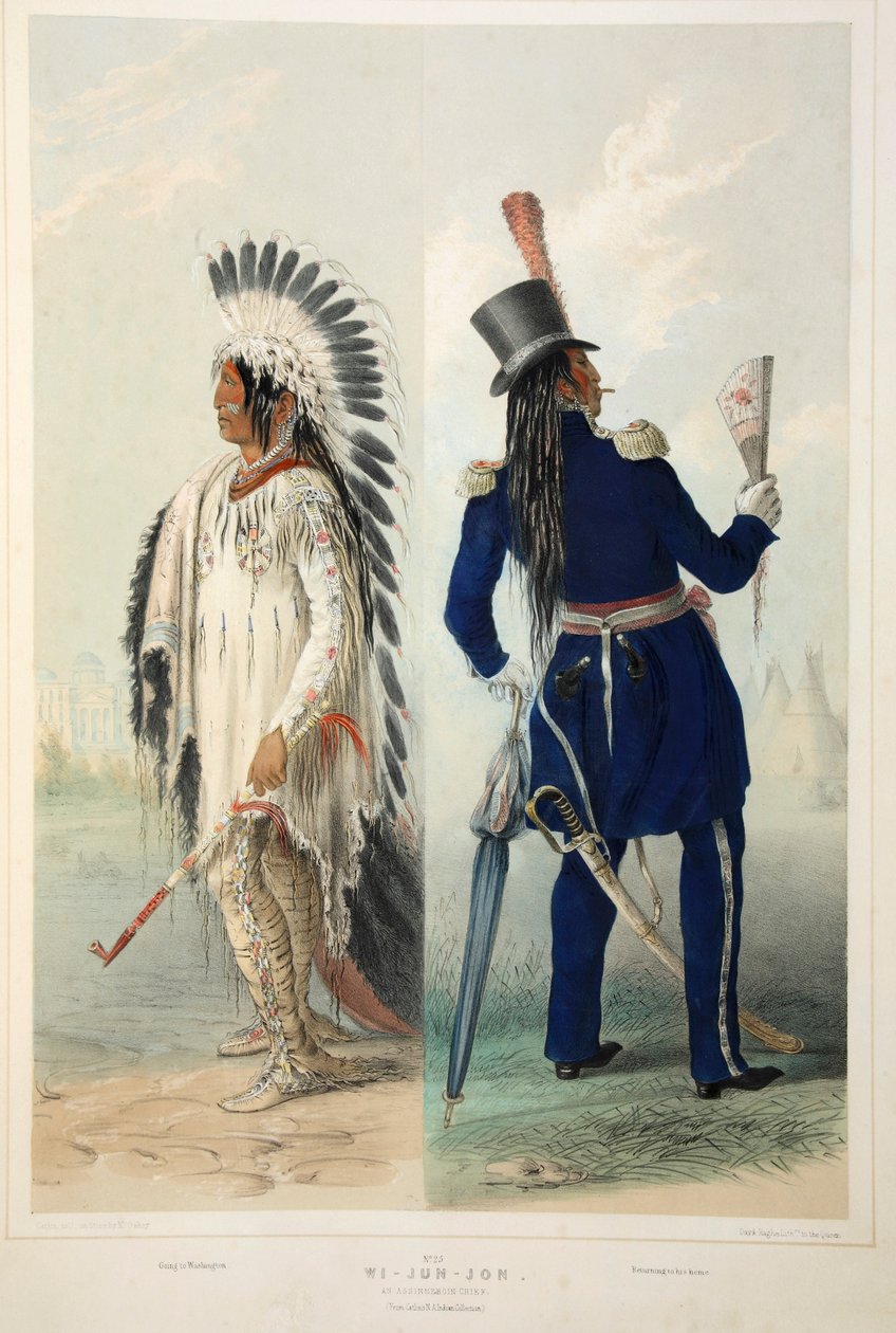 Wi-Jun-Jon, en Assinneboin-sjef, pub. 1845 fargelitografi. av George Catlin