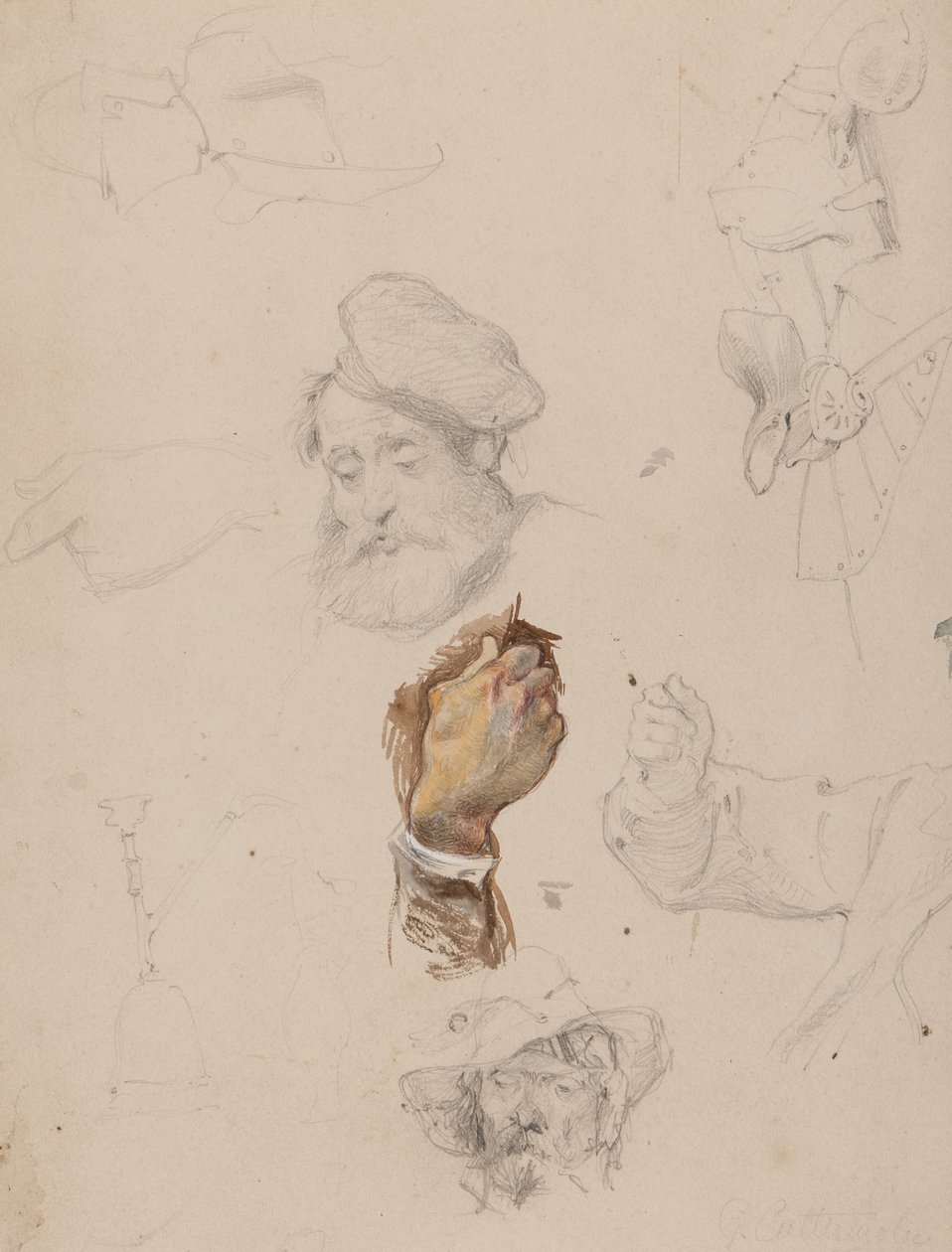 En side med studier (blyant, wc og gouache på papir) av George Cattermole