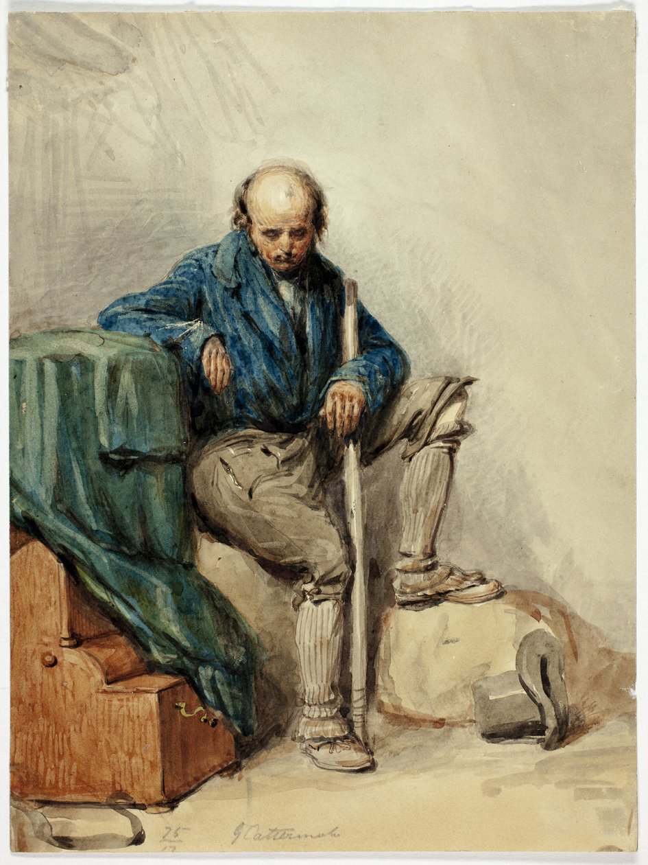 Skallet mann sittende på eiendeler (rekto); Dame i gul kjole (verso) av George Cattermole