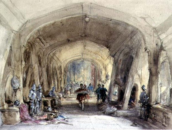 Interiør i en Baronial Hall (wc på papir) av George Cattermole