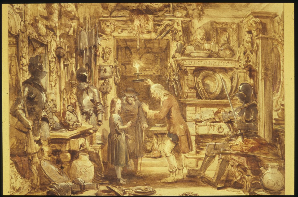 The Old Curiosity Shop Little Nells Home Interiør i Old Curiosity Shop, 1840 (wc på papir) av George Cattermole