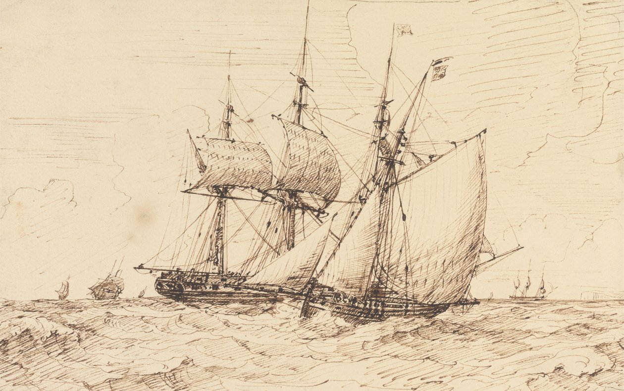 En lugger som signaliserer en forbipasserende fregatt av George Chambers