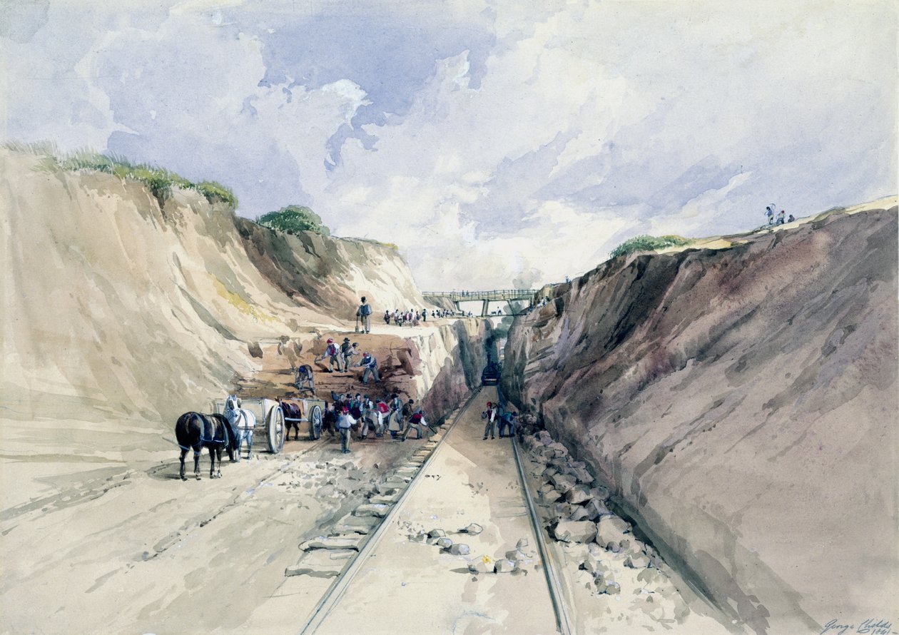 Digging a Cutting on the Great Western Railway, 1841 (wc på papir) av George Childs