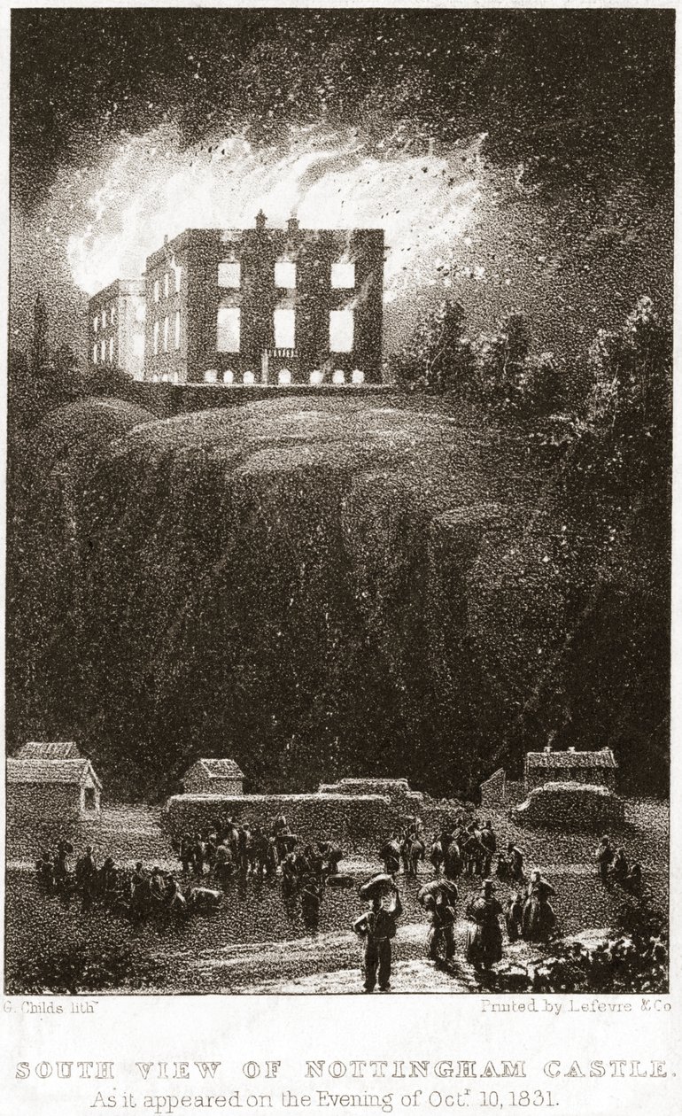 Nottingham Castle i brann, sett fra sør, 1831 av George Childs