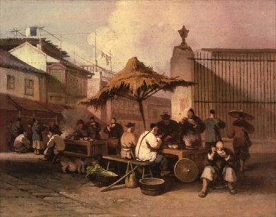 En gruppe kinesere som spiser utenfor kirken i San Domingo av George Chinnery