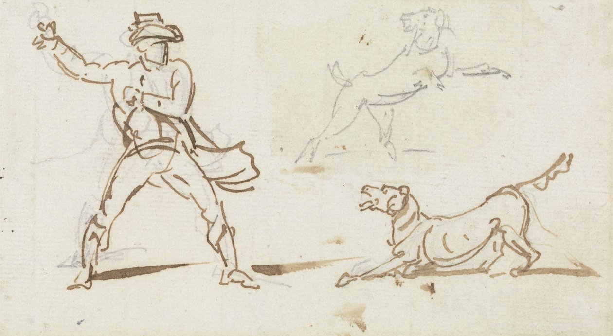 En mann som kaster en ball til en hund (penn og grafitt på papir) av George Chinnery