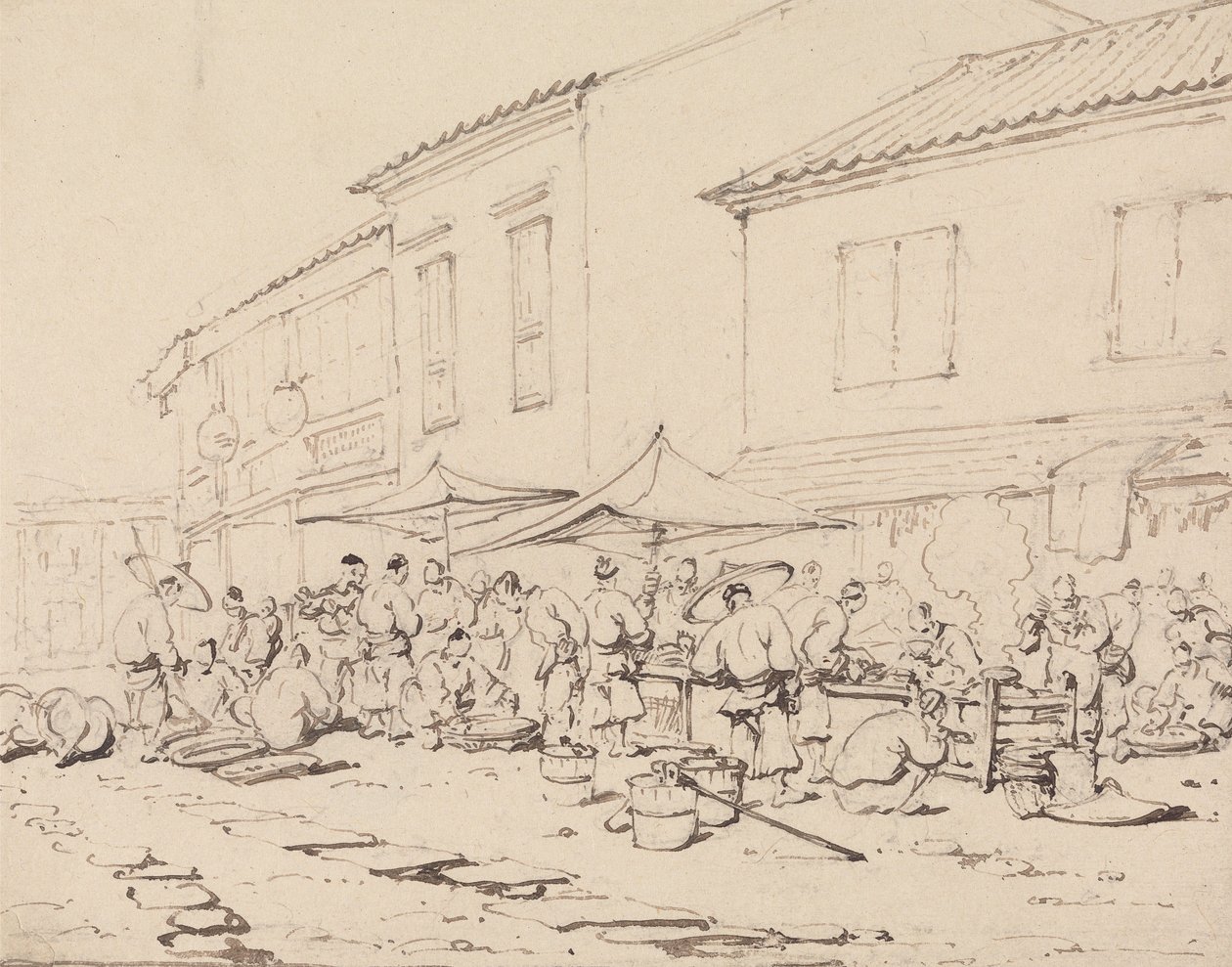 En markedsplass og en folkemengde av George Chinnery