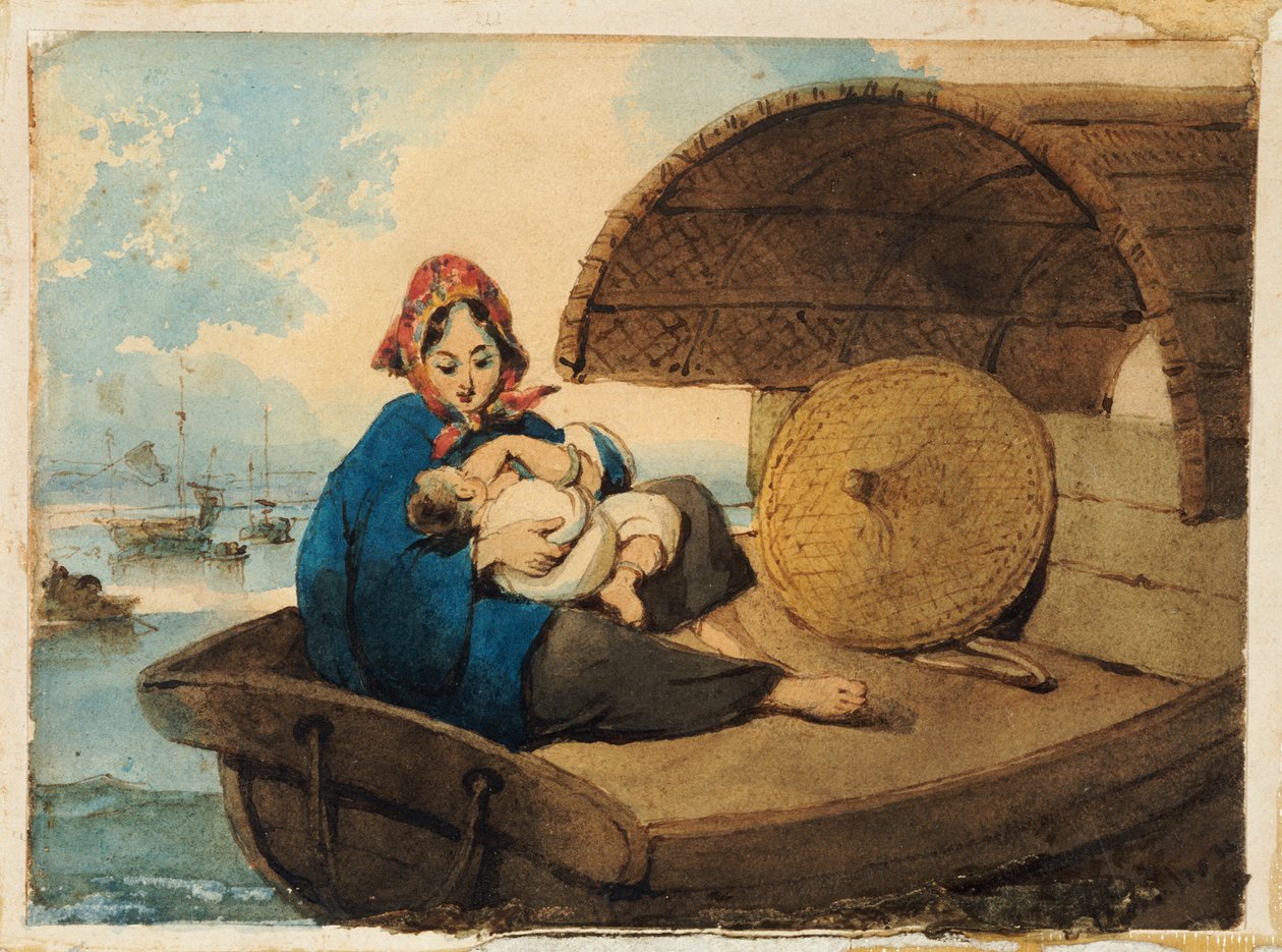 En Tanka-kvinne med barnet sitt på en båt av George Chinnery
