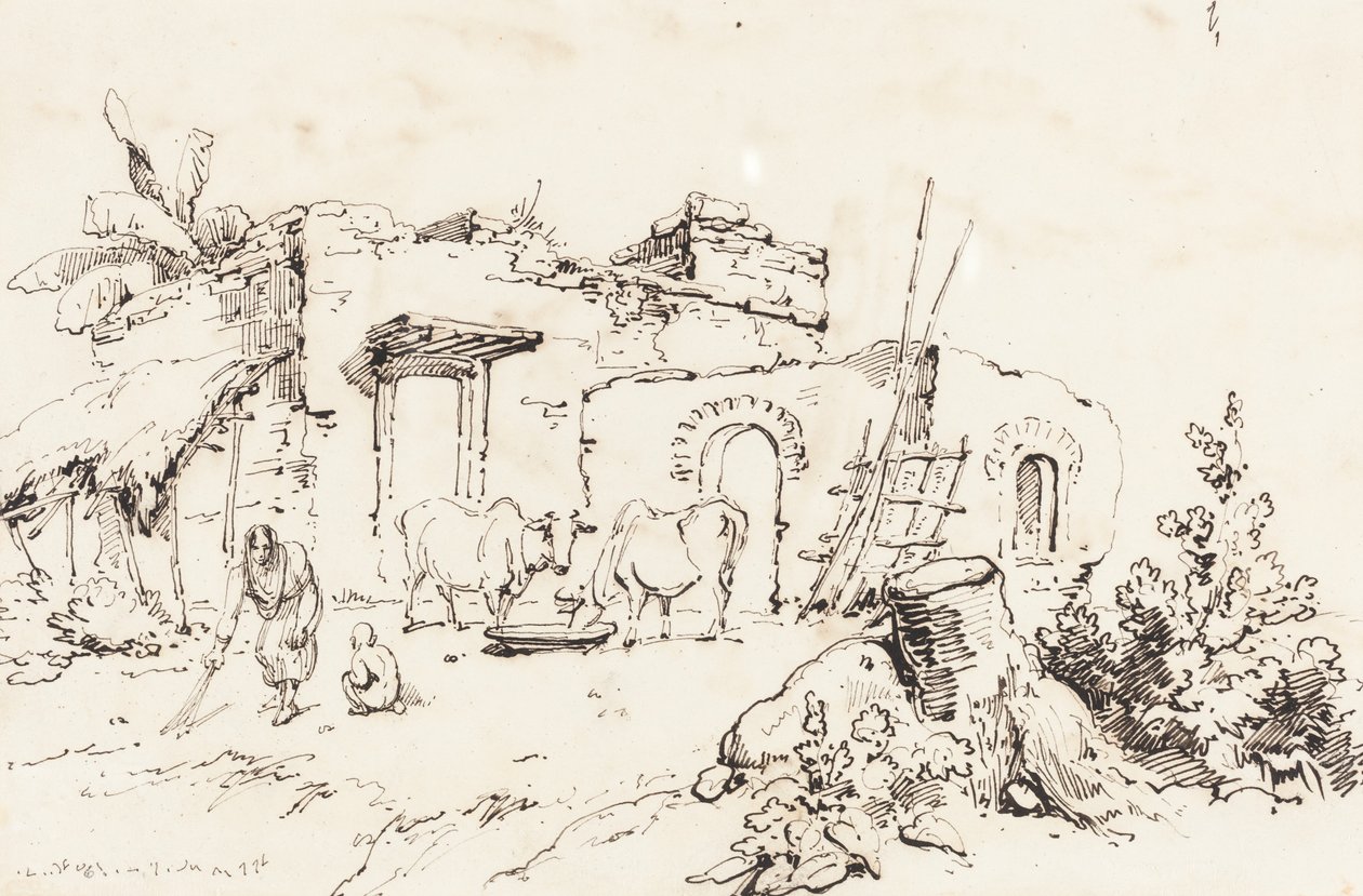 En landsbyscene i India [verso] av George Chinnery