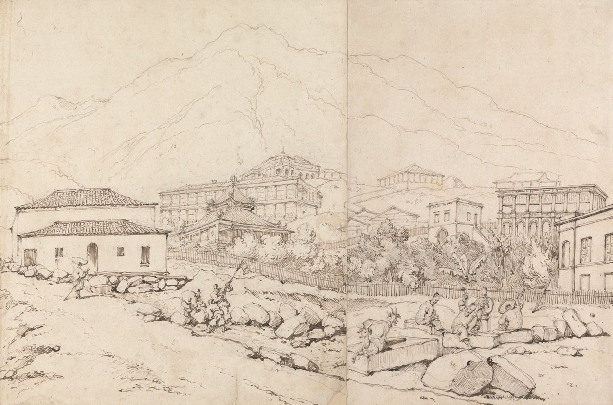 Bygger på en åsside i en fjellandsby (Kina?) av George Chinnery