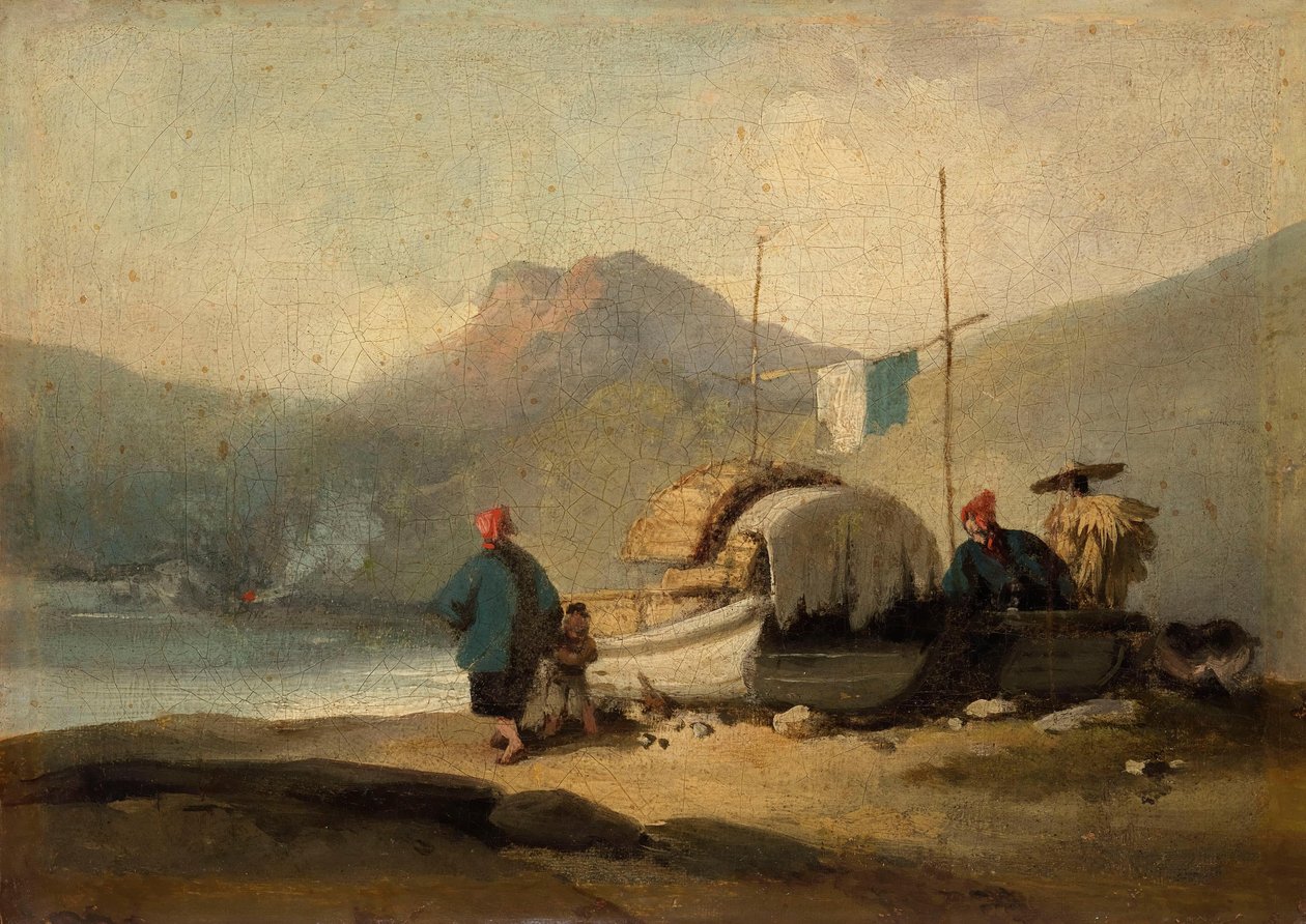 Kinesisk scene, båter ved en innsjø av George Chinnery