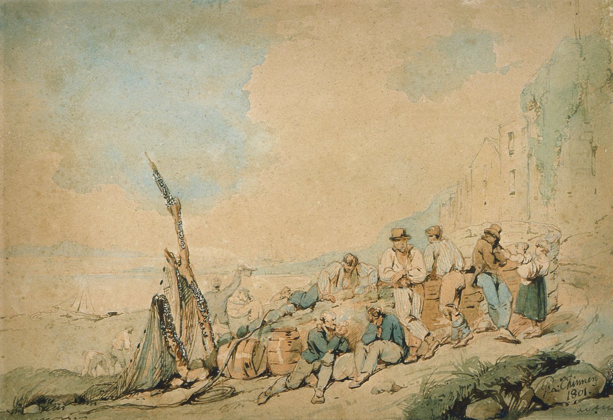 Kystscene med figurer nær en vegg av George Chinnery