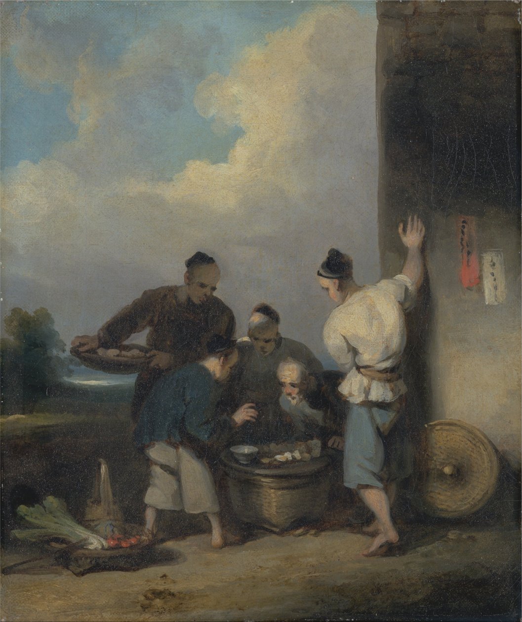 Coolies rundt matleverandørens bod av George Chinnery