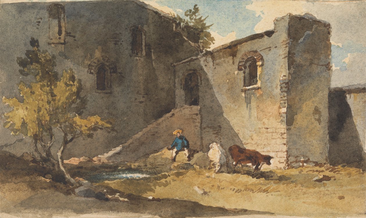 Figur med storfe som står i skyggen av en bygning av George Chinnery
