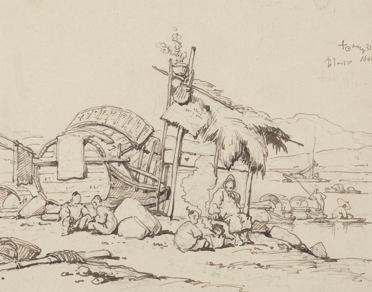 Gammel mann og barn sitter, lager mat av George Chinnery
