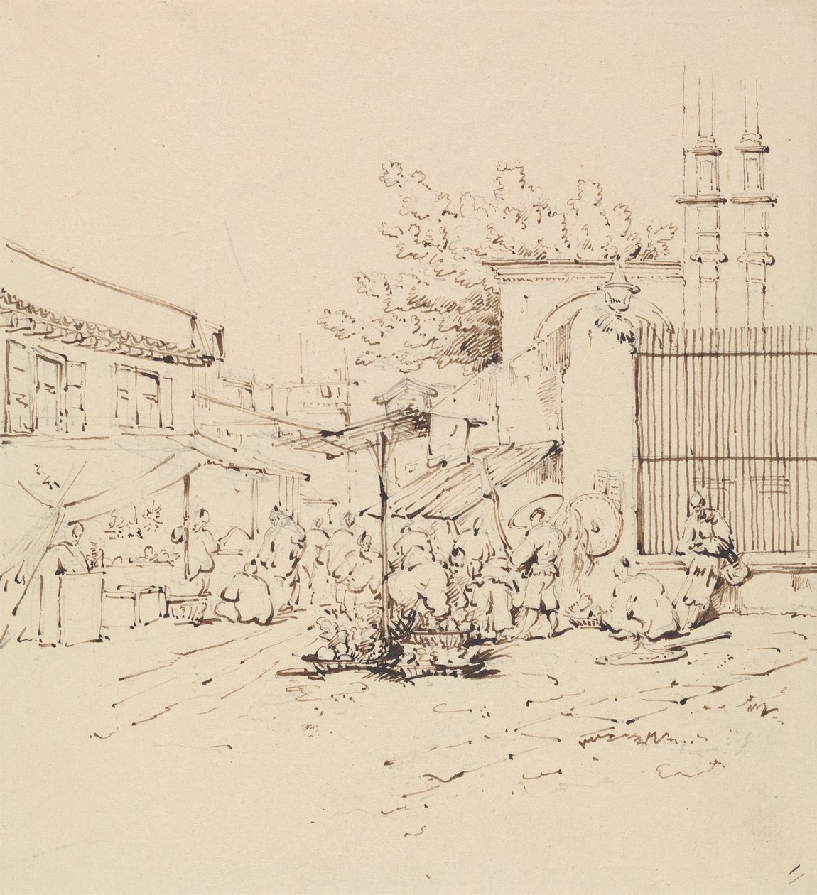 Gatescene med selgere som selger varer av George Chinnery