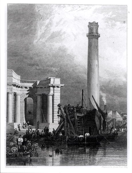 The Shot Tower og Waterloo Bridge, gravert av G. Cooke av George Clarkson (after) Stanfield