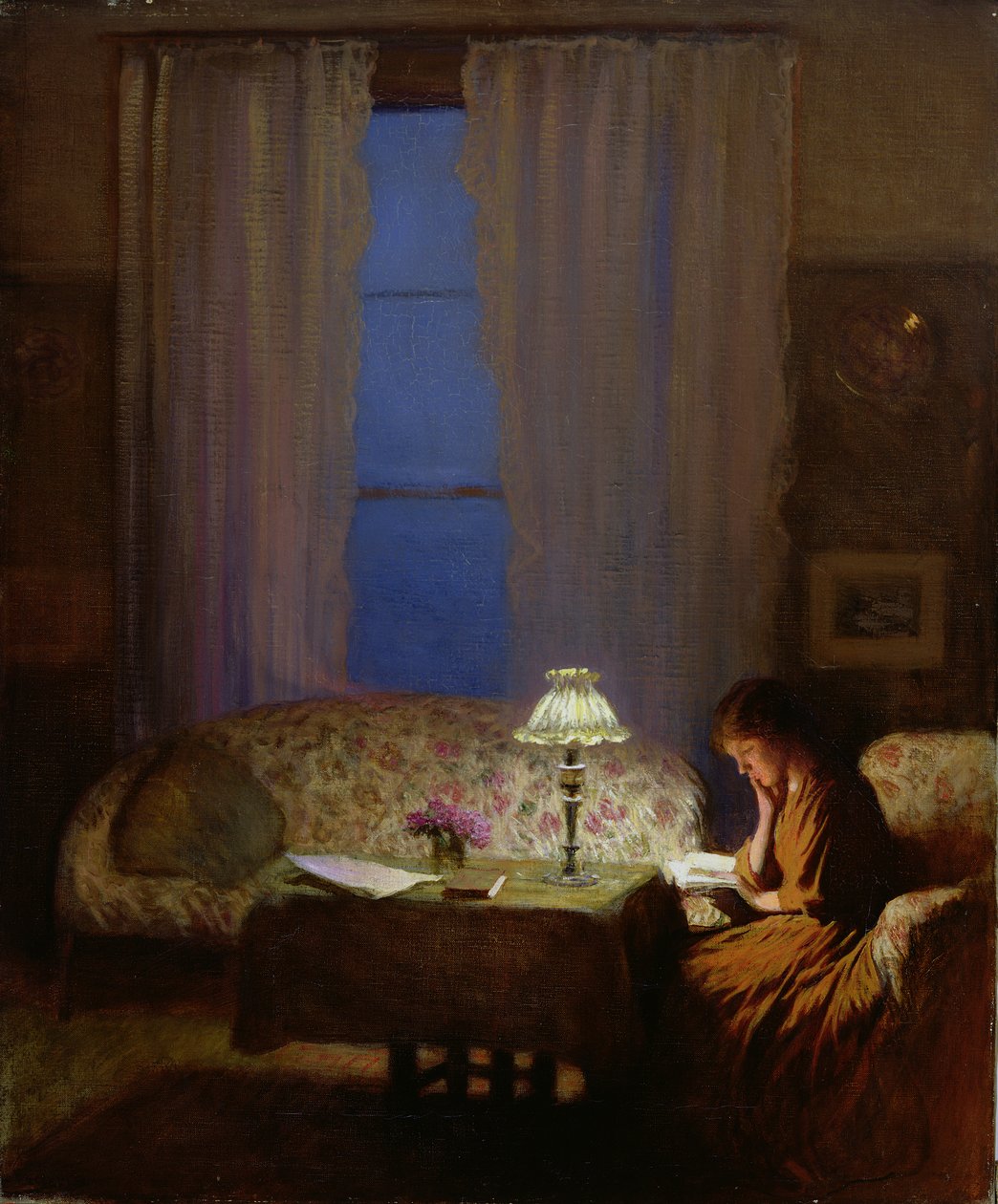Reading by Lamplight (Twilight: Interior) (olje på lerret) av George Clausen