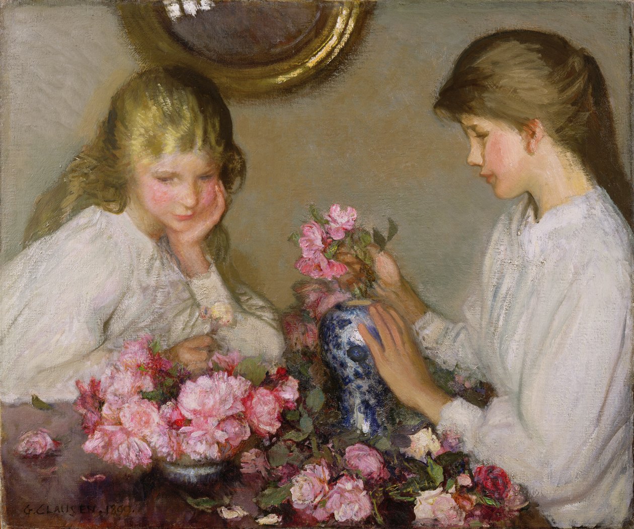 To jenter som arrangerer poser av George Clausen