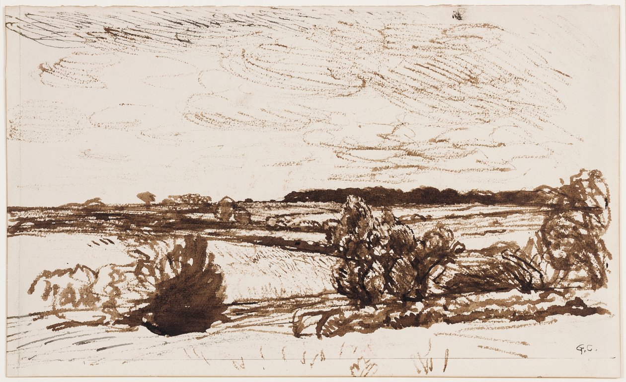 Vindblåst landskap (penn, pensel og sepiablekk på papir) av George Clausen