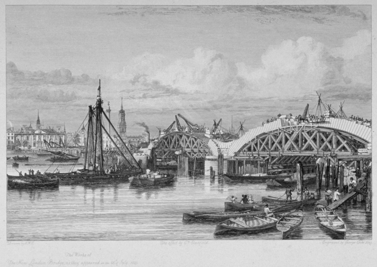 London Bridge under bygging, 1827 av George Cooke