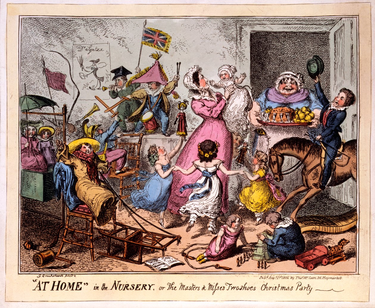 HJEMME i barnehagen, eller Mesterne og savner to sko Julefest, 1835 (farget etsning) av George Cruikshank