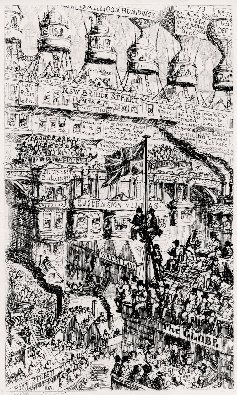 Et malthusiansk syn på et overfylt London, England, av fremtiden, etter skriftene til Thomas Malthus av George Cruikshank