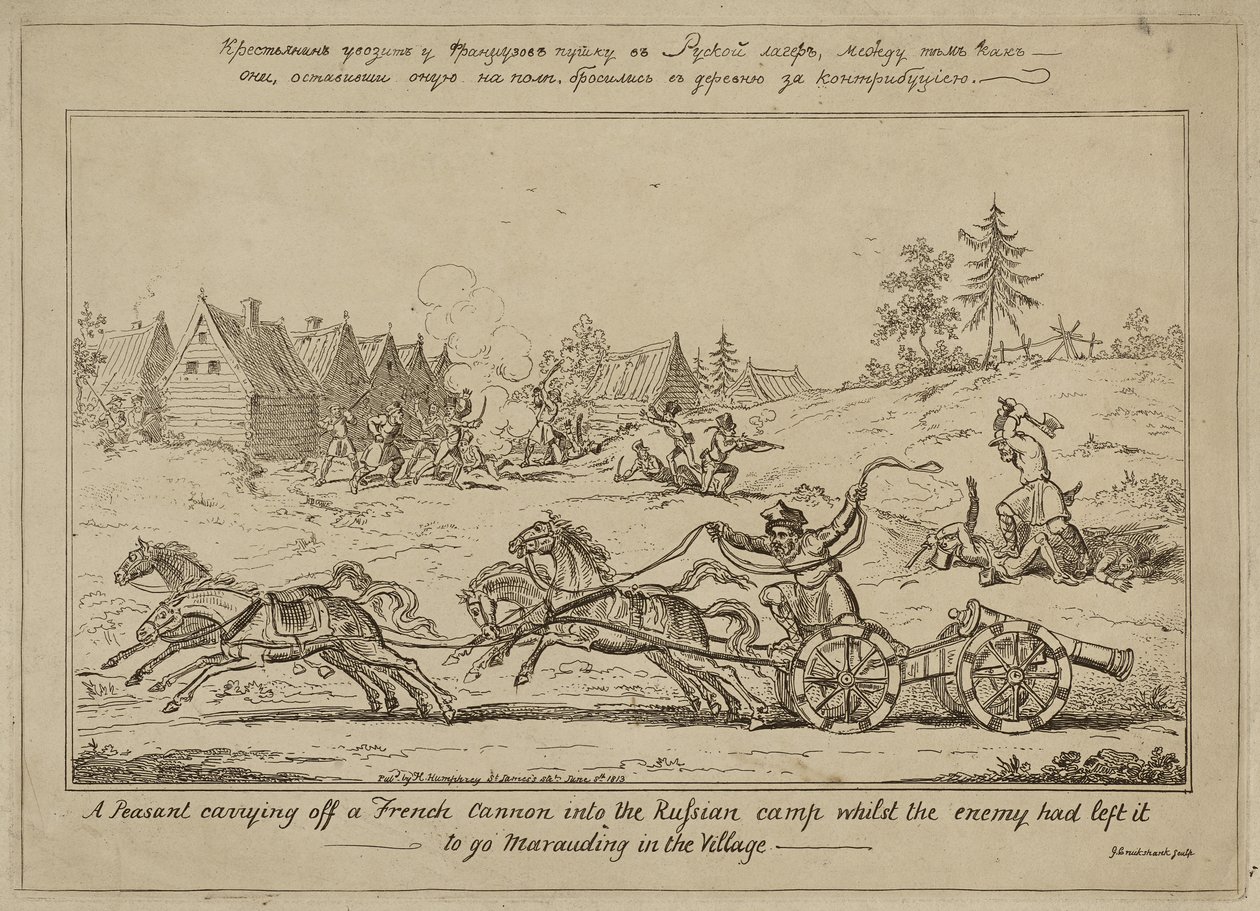 En bonde som bar av en fransk kanon inn i den russiske leiren mens fienden hadde forlatt den for å plyndre i landsbyen, publisert 8. juni 1813 av George Cruikshank