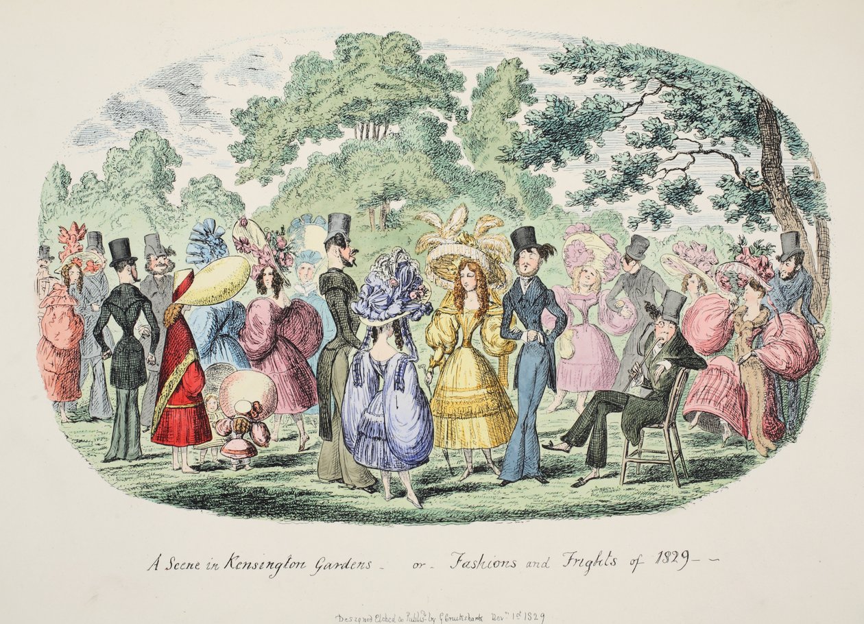 En scene i Kensington Gardens - eller - Fashions and Frights of 1829, pub. 1829 (håndfarget gravering) av George Cruikshank