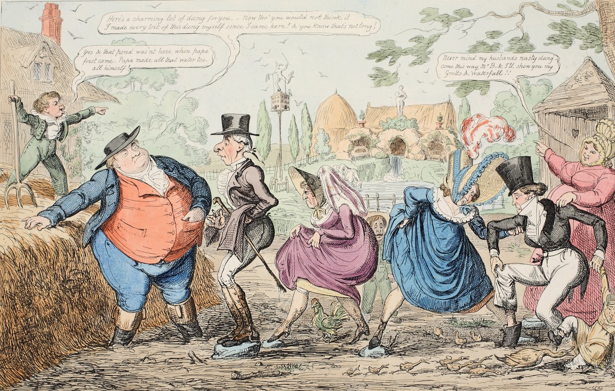 A Visit to Cockney Farm - Viewing the Grounds etc. etc. etc., pub. 1835 (håndfarget gravering) av George Cruikshank