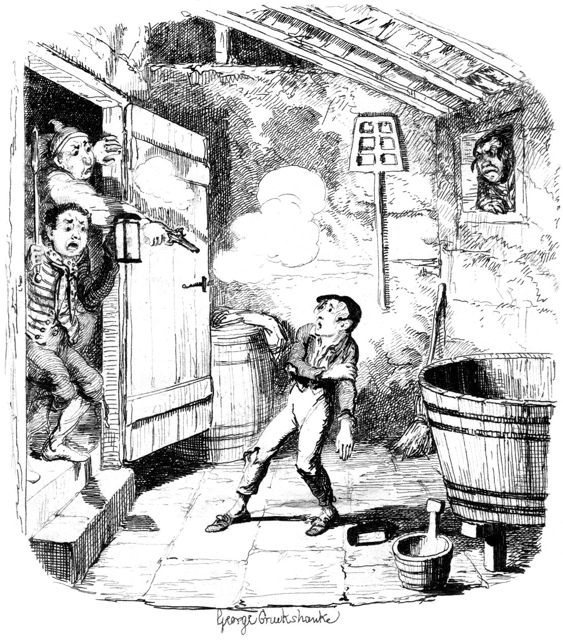 En mann skyter en ung gutt som han mistenker for å ha stjålet fra 1800-tallet. av George Cruikshank