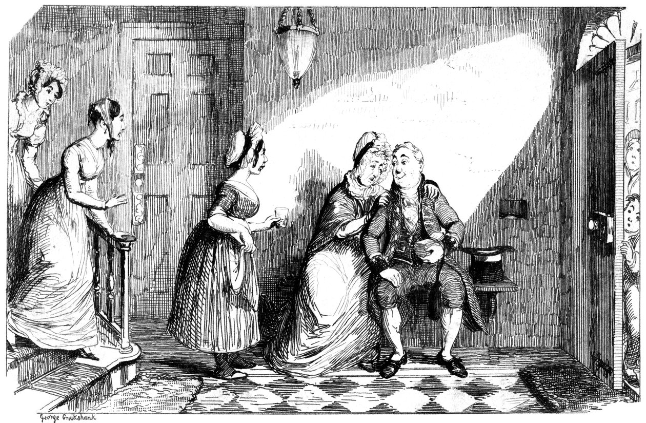En rekke kvinner tar seg av en dårlig mann, 1800-tallet. av George Cruikshank