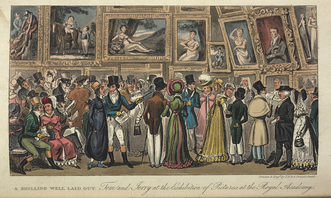 «En skilling godt lagt. Tom og Jerry på utstillingen av bilder ved Royal Academy', 'Life in London, etc.', av Pierce Egan av George Cruikshank