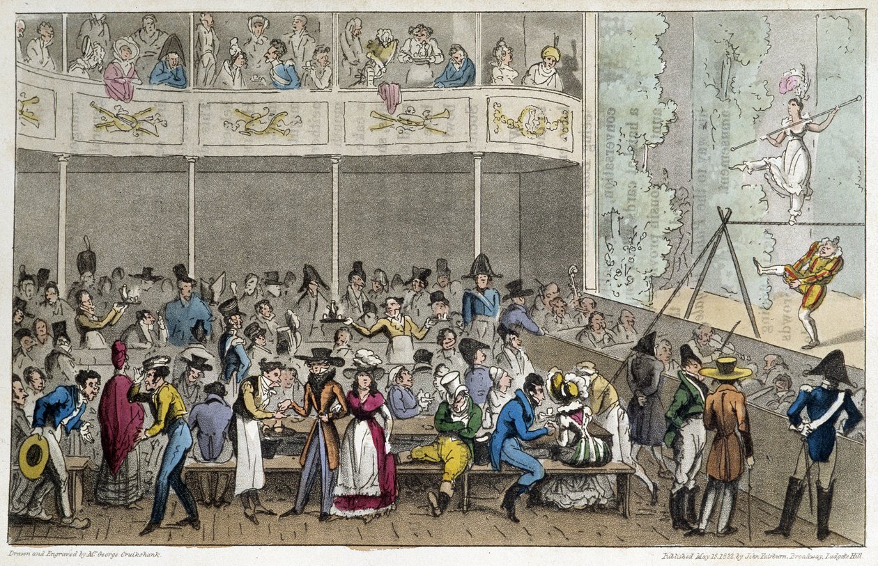 Akrobatshow på Café de la Paix - i "Life in Paris" av David Carey, London av George Cruikshank