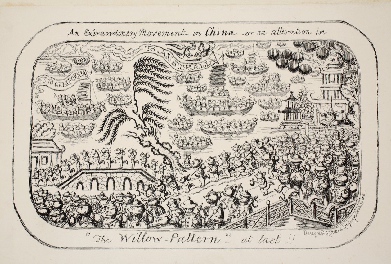 En ekstraordinær bevegelse om Kina - eller - en endring i The Willow Pattern endelig!!, pub. 1853 av George Cruikshank
