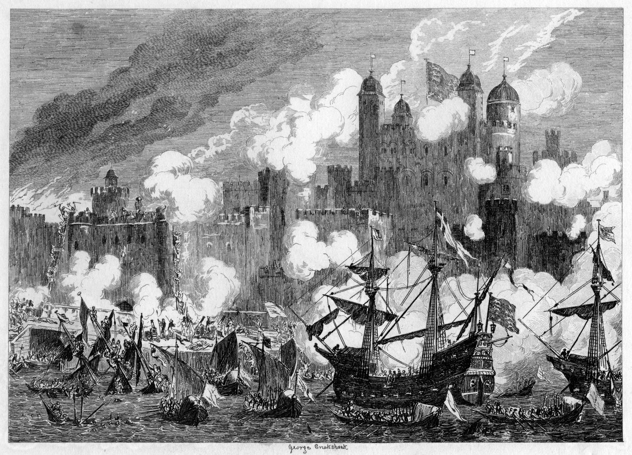 Angrep på Saint Thomass Tower av hertugen av Suffolk, 1554 1840. av George Cruikshank