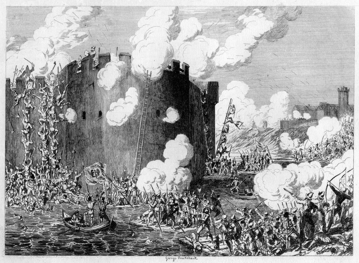 Attack on the Brass Mount av Lord Guilford Dudley, 1554 1840 av George Cruikshank