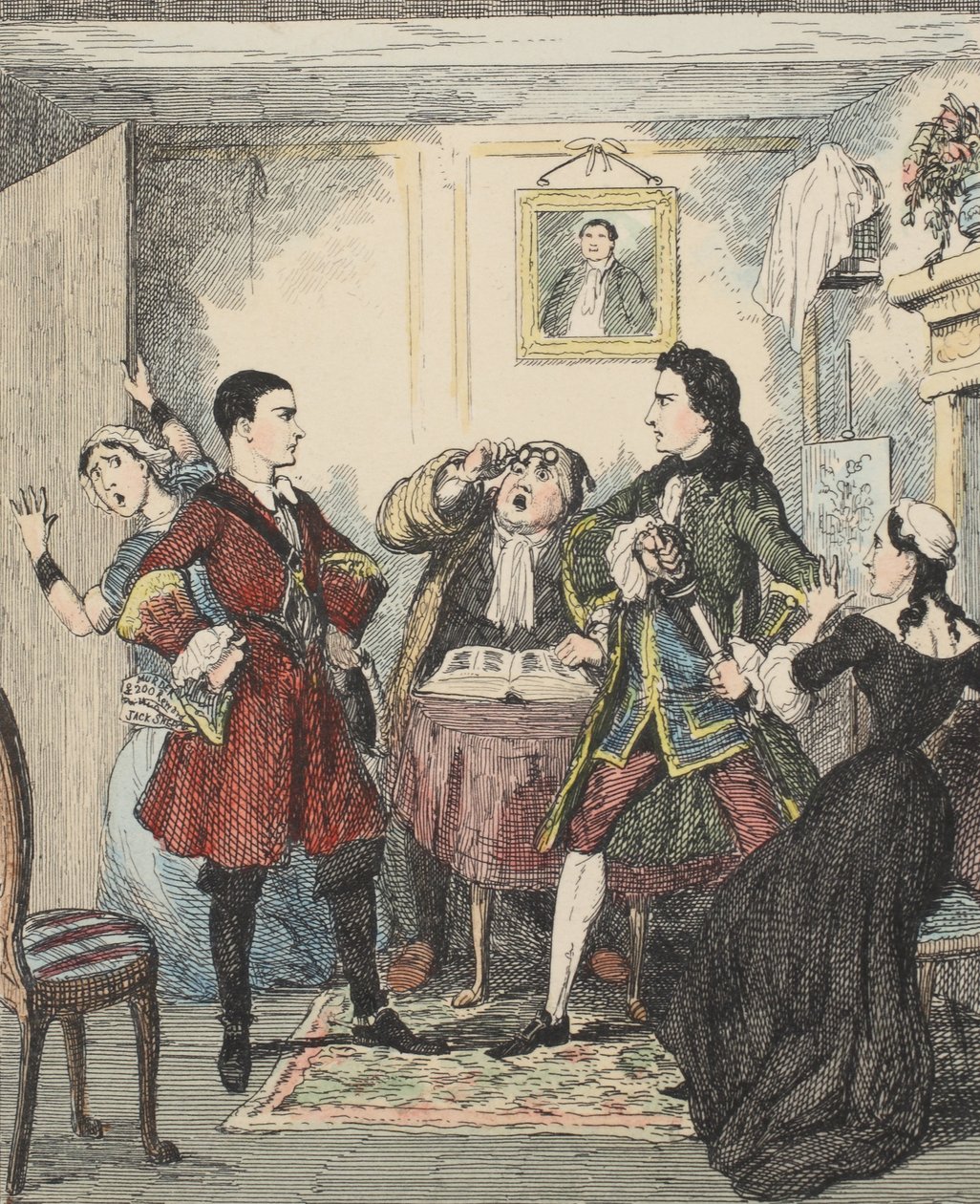 Audacity of Jack Sheppard, illustrasjon fra Jack Sheppard: A Romance av William Harrison Ainsworth, utgitt 1839 (håndfarget etsning) av George Cruikshank