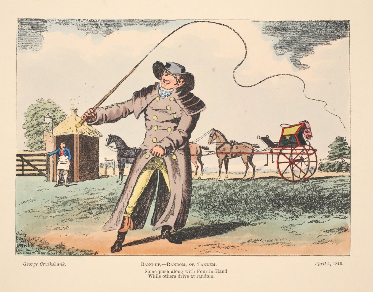 Bang-Up, Random eller Tandem, noen skyver med Four In Hand mens andre kjører tilfeldig, 1810 (håndfarget gravering) av George Cruikshank