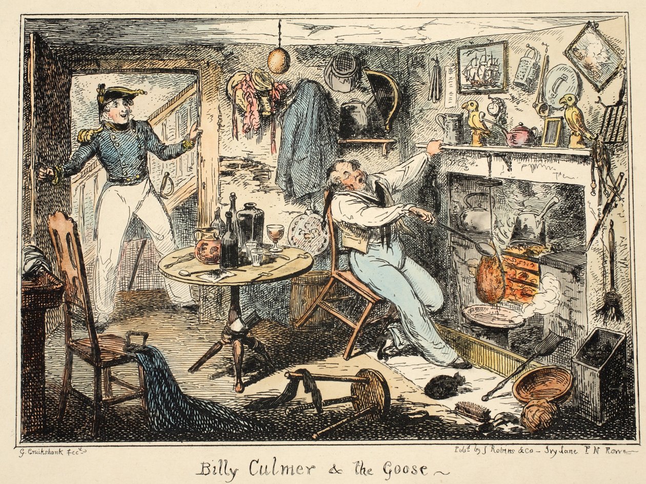 Billy Culmer & the Goose, fra Greenwich Hospital, en serie marineskisser, Descriptive of a Life of a Man-of-Wars Man, pub. 1826 (håndfarget gravering) av George Cruikshank