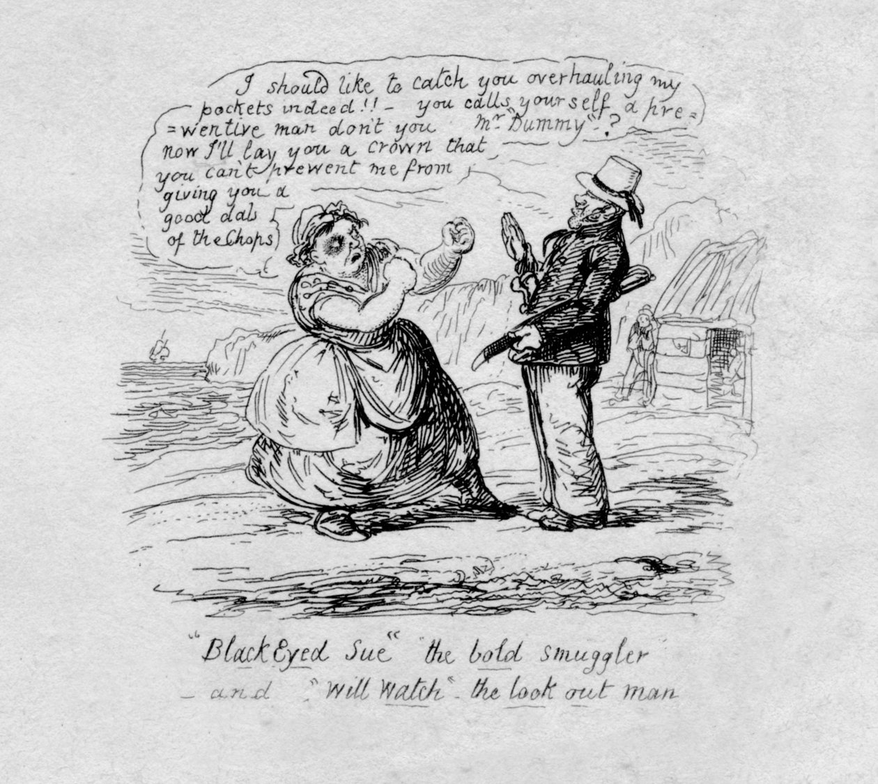 Black Eyed Sue den dristige smugleren og Will Watch the look out man, 1829 av George Cruikshank