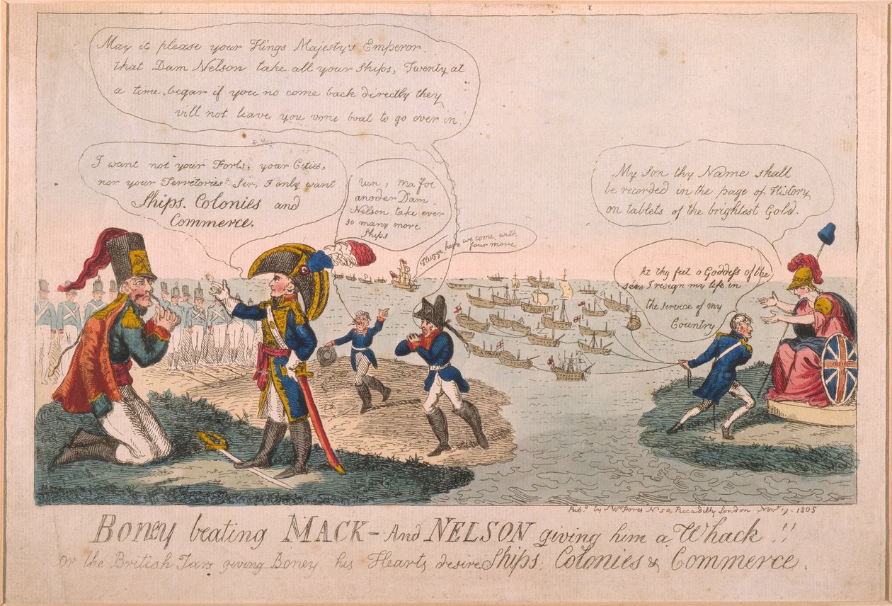 Boney Beating Mack - And Nelson Giving Him a Whack!, 1805 (farget etsning) av George Cruikshank