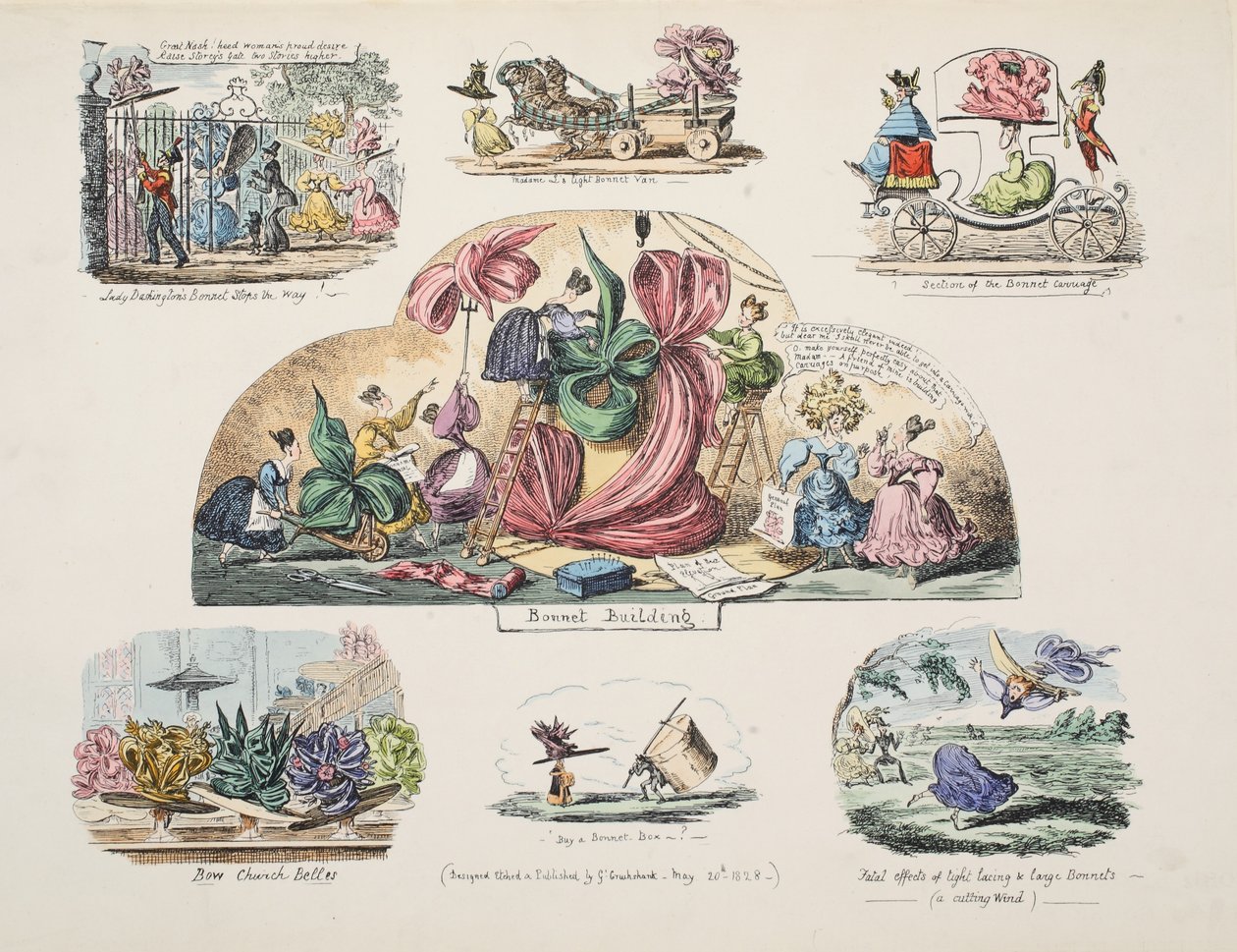 Bonnet Building, pub. 1828 (håndfarget gravering) av George Cruikshank