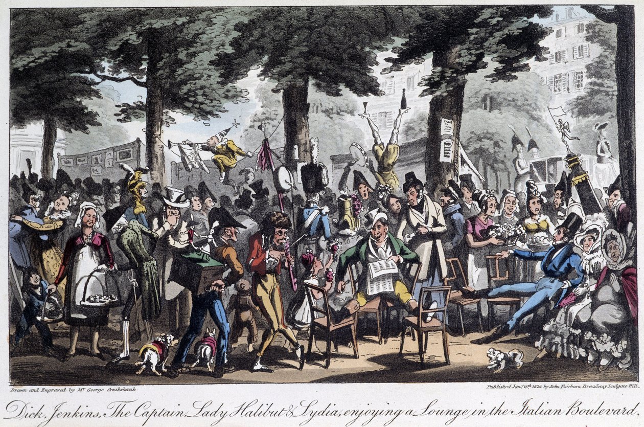 Boulevard des Italiens - i "Life in Paris" av David Carey, London av George Cruikshank