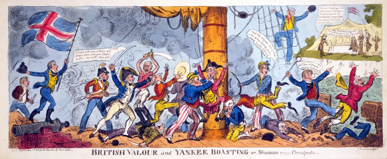 British Valor and Yankee Boasting eller, Shannon versus Chesapeake, pub. 1813 (håndfarget gravering) av George Cruikshank