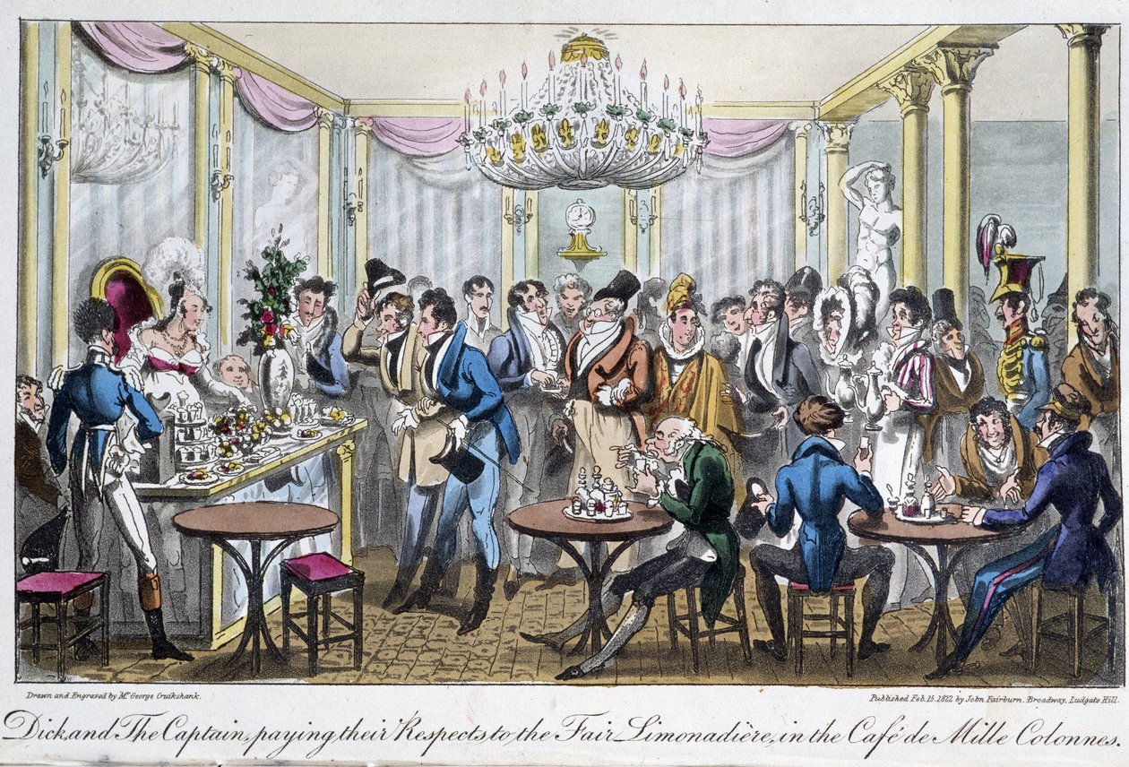 Café des Milles-spalter - i "Life in Paris" av David Carey, London av George Cruikshank