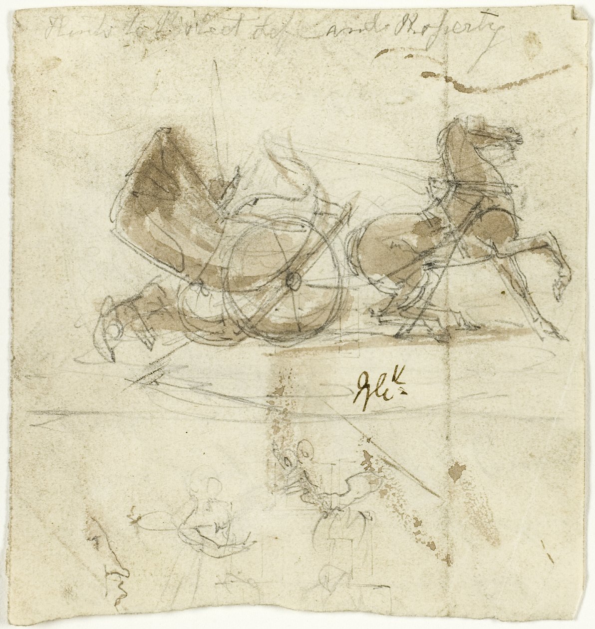 Karikatur av meg selv (rekto); Drosje kastet av en hest, med andre skisser (verso) av George Cruikshank