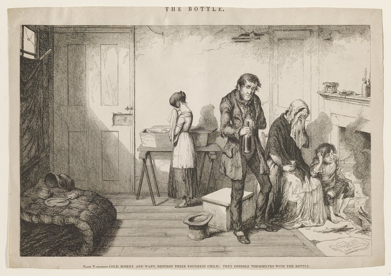 Kulde, elendighet og nød ødelegger deres yngste barn: De trøster seg med flasken. av George Cruikshank