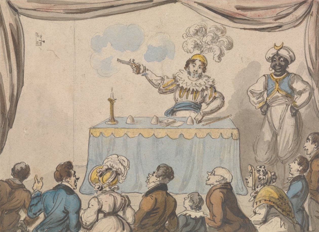 Tryllekunstner med pistol og kort av George Cruikshank